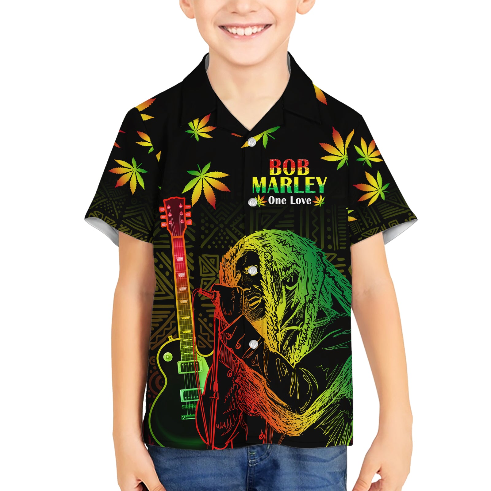 Jamaica Legend Bob Day Kid Hawaiian Shirt One Love Jamaican Reggae African Pattern - Wonder Print Shop