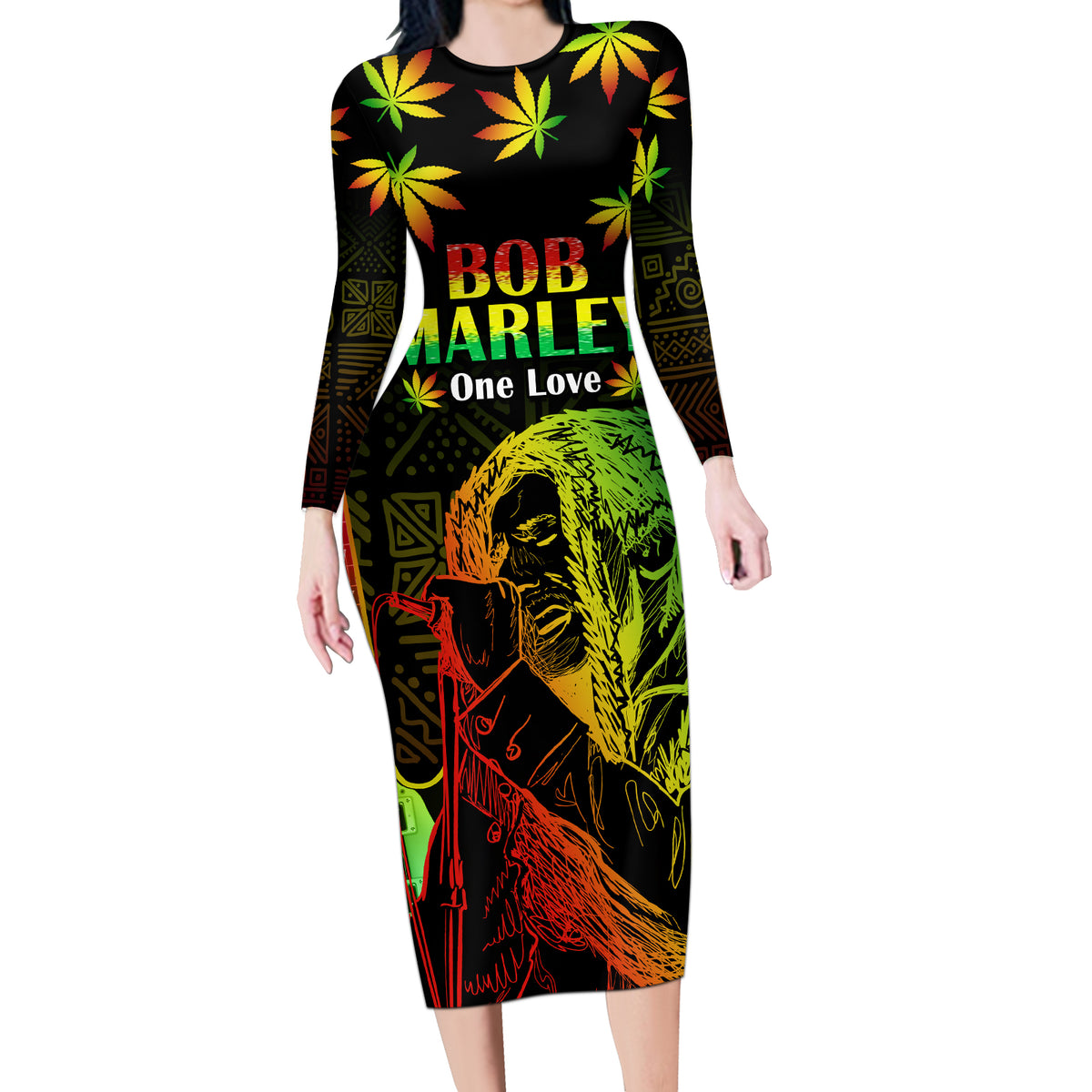 Jamaica Legend Bob Day Long Sleeve Bodycon Dress One Love Jamaican Reggae African Pattern - Wonder Print Shop