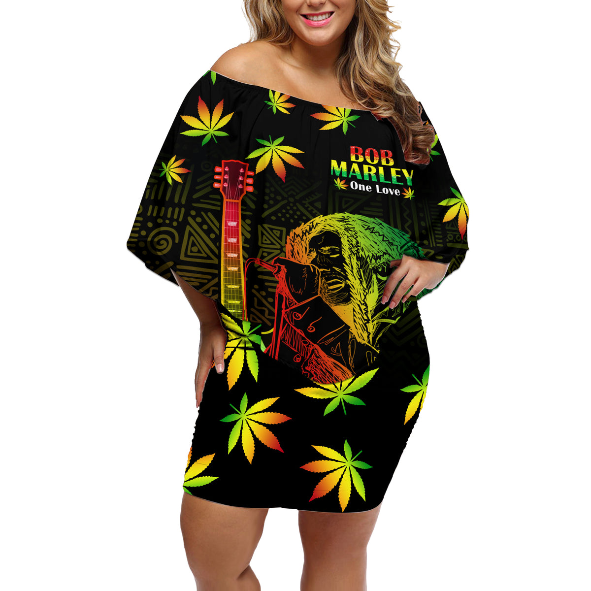 Jamaica Legend Bob Day Off Shoulder Short Dress One Love Jamaican Reggae African Pattern - Wonder Print Shop