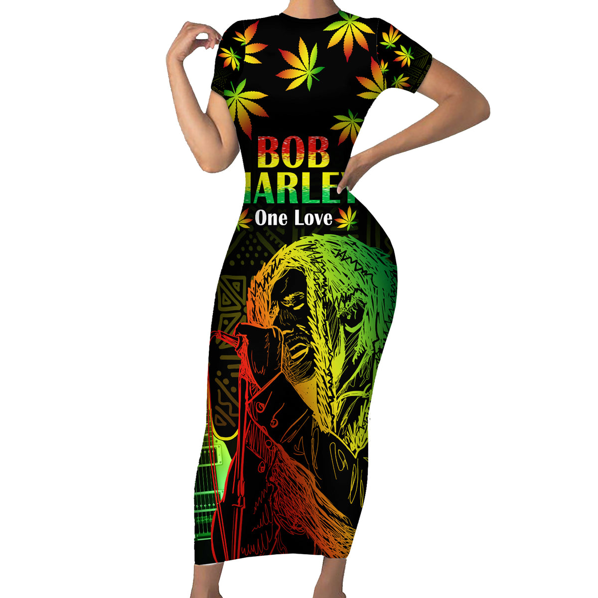 Jamaica Legend Bob Day Short Sleeve Bodycon Dress One Love Jamaican Reggae African Pattern - Wonder Print Shop