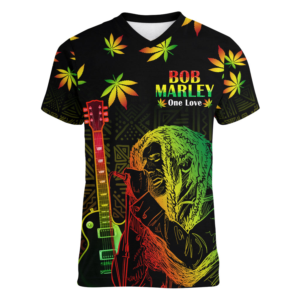 Jamaica Legend Bob Day Women V Neck T Shirt One Love Jamaican Reggae African Pattern - Wonder Print Shop