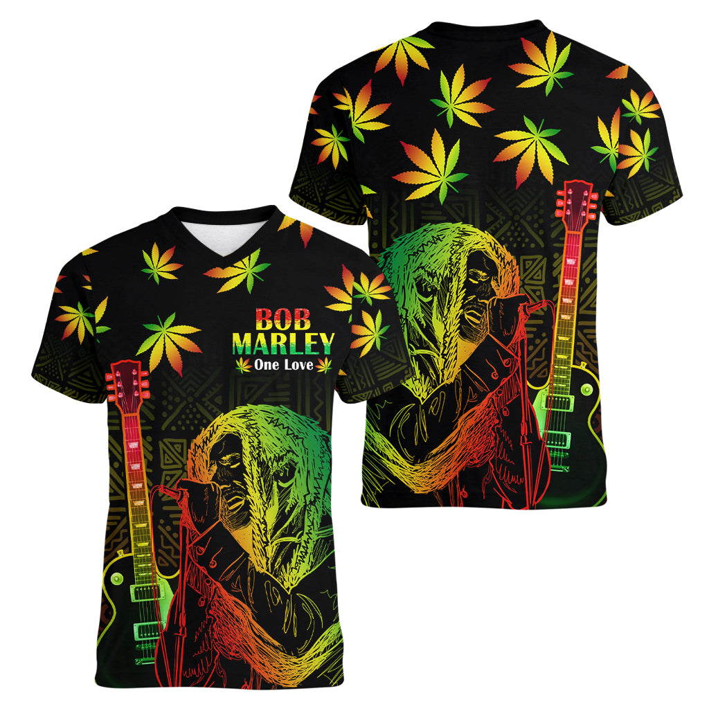 Jamaica Legend Bob Day Women V Neck T Shirt One Love Jamaican Reggae African Pattern - Wonder Print Shop