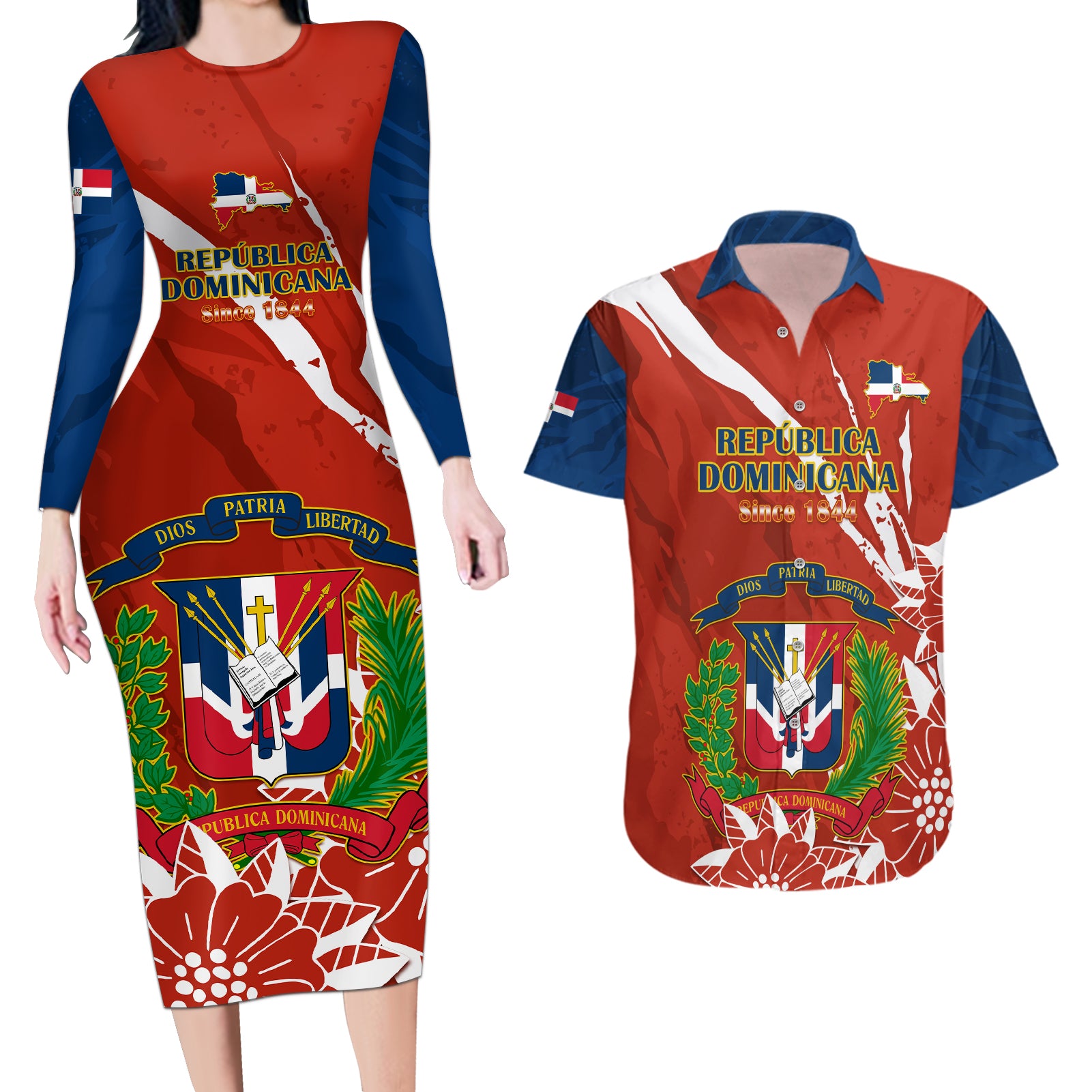 Dominican Republic Independence Day Couples Matching Long Sleeve Bodycon Dress and Hawaiian Shirt Coat Of Arms With Bayahibe Rose