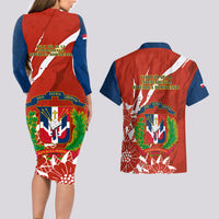 Dominican Republic Independence Day Couples Matching Long Sleeve Bodycon Dress and Hawaiian Shirt Coat Of Arms With Bayahibe Rose - Wonder Print Shop