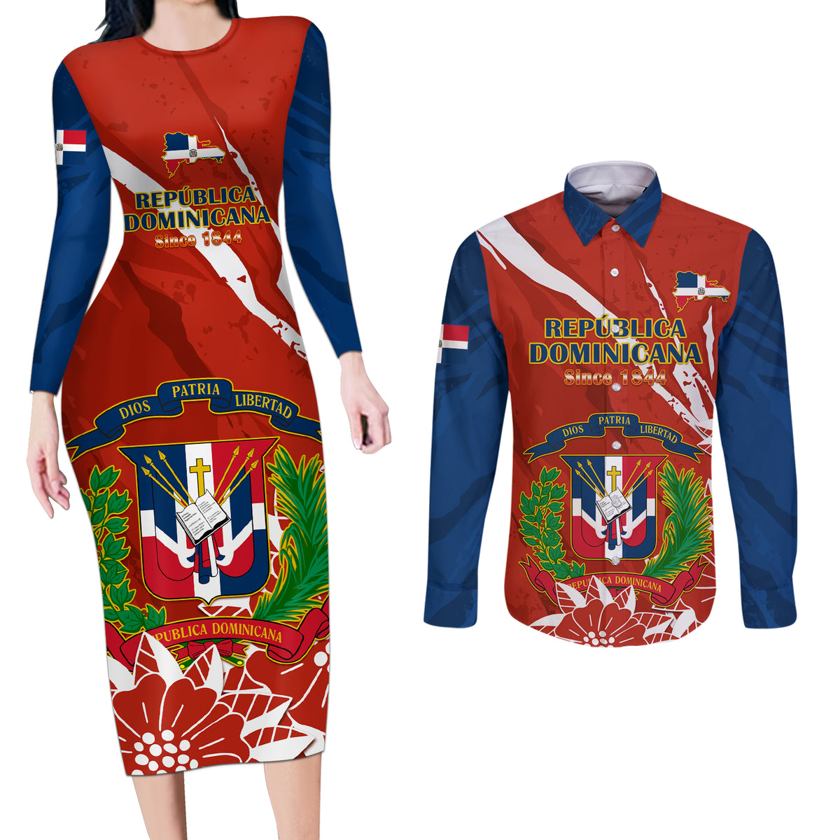 Dominican Republic Independence Day Couples Matching Long Sleeve Bodycon Dress and Long Sleeve Button Shirt Coat Of Arms With Bayahibe Rose - Wonder Print Shop