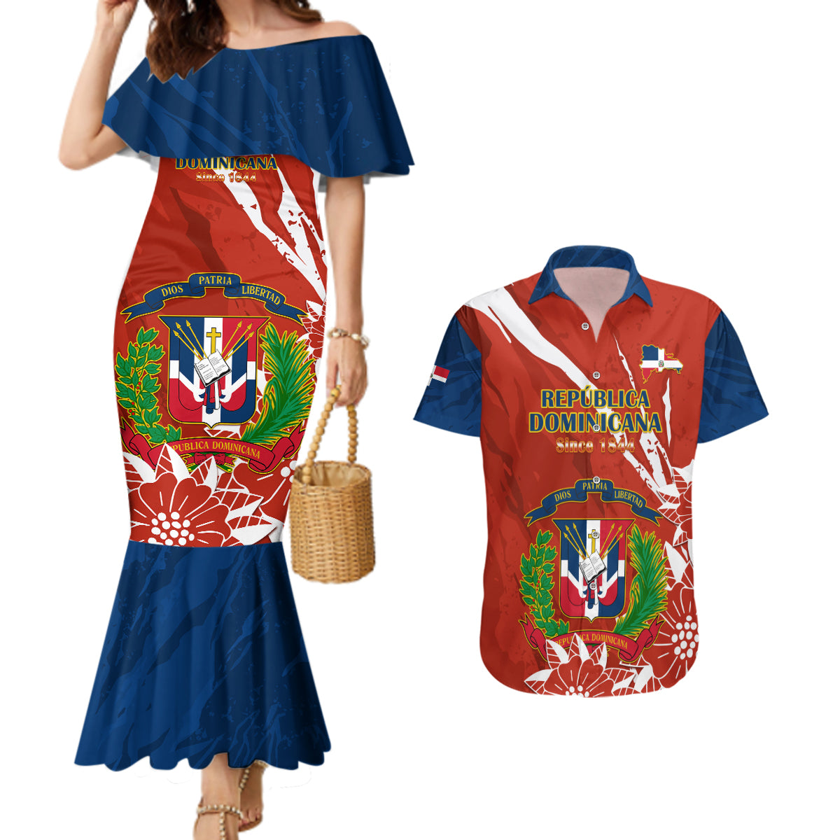 Dominican Republic Independence Day Couples Matching Mermaid Dress and Hawaiian Shirt Coat Of Arms With Bayahibe Rose - Wonder Print Shop