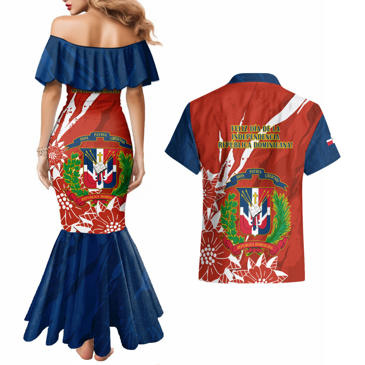 Dominican Republic Independence Day Couples Matching Mermaid Dress and Hawaiian Shirt Coat Of Arms With Bayahibe Rose - Wonder Print Shop