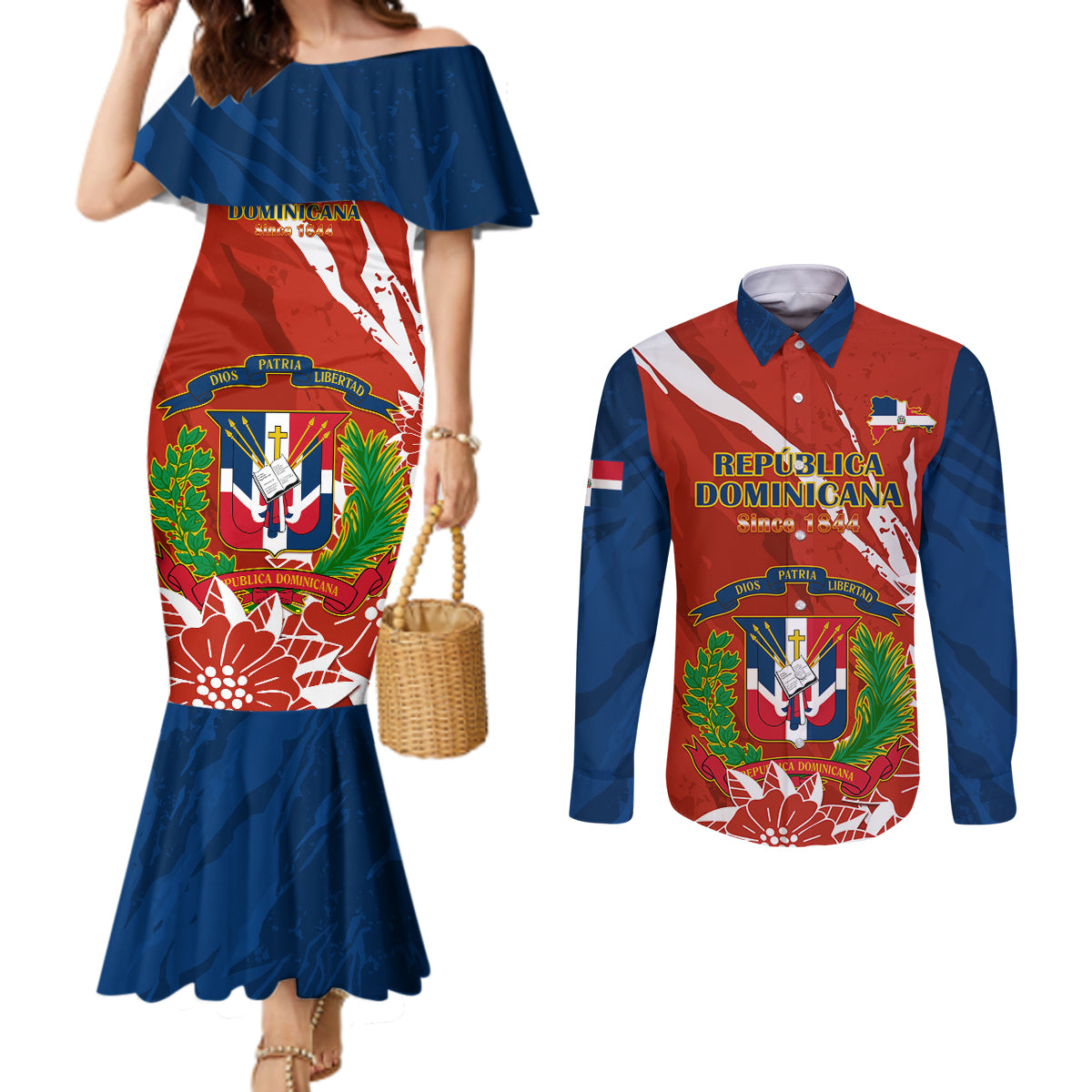 Dominican Republic Independence Day Couples Matching Mermaid Dress and Long Sleeve Button Shirt Coat Of Arms With Bayahibe Rose