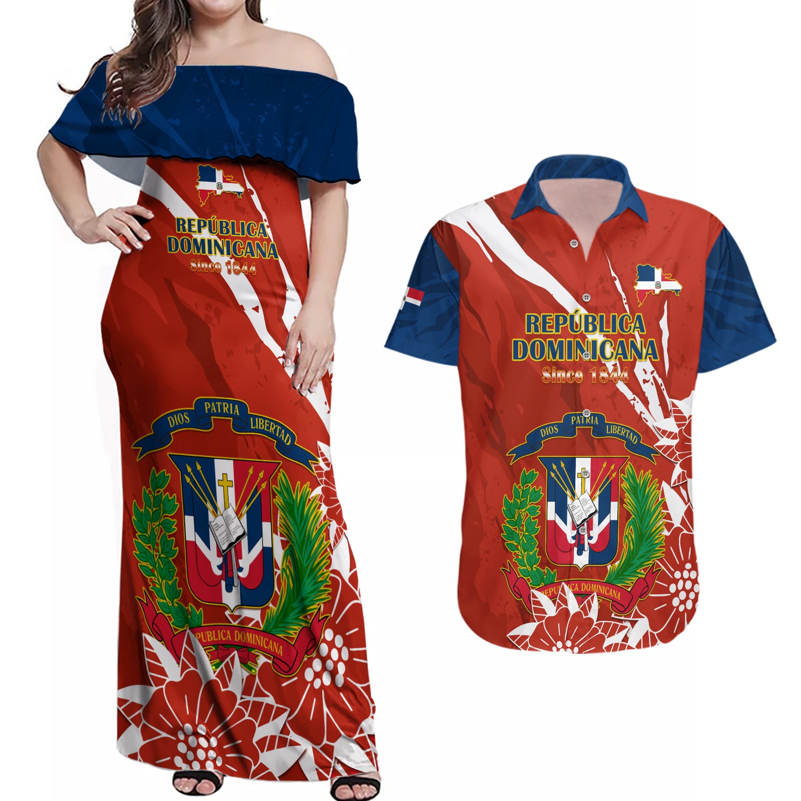 Dominican Republic Independence Day Couples Matching Off Shoulder Maxi Dress and Hawaiian Shirt Coat Of Arms With Bayahibe Rose