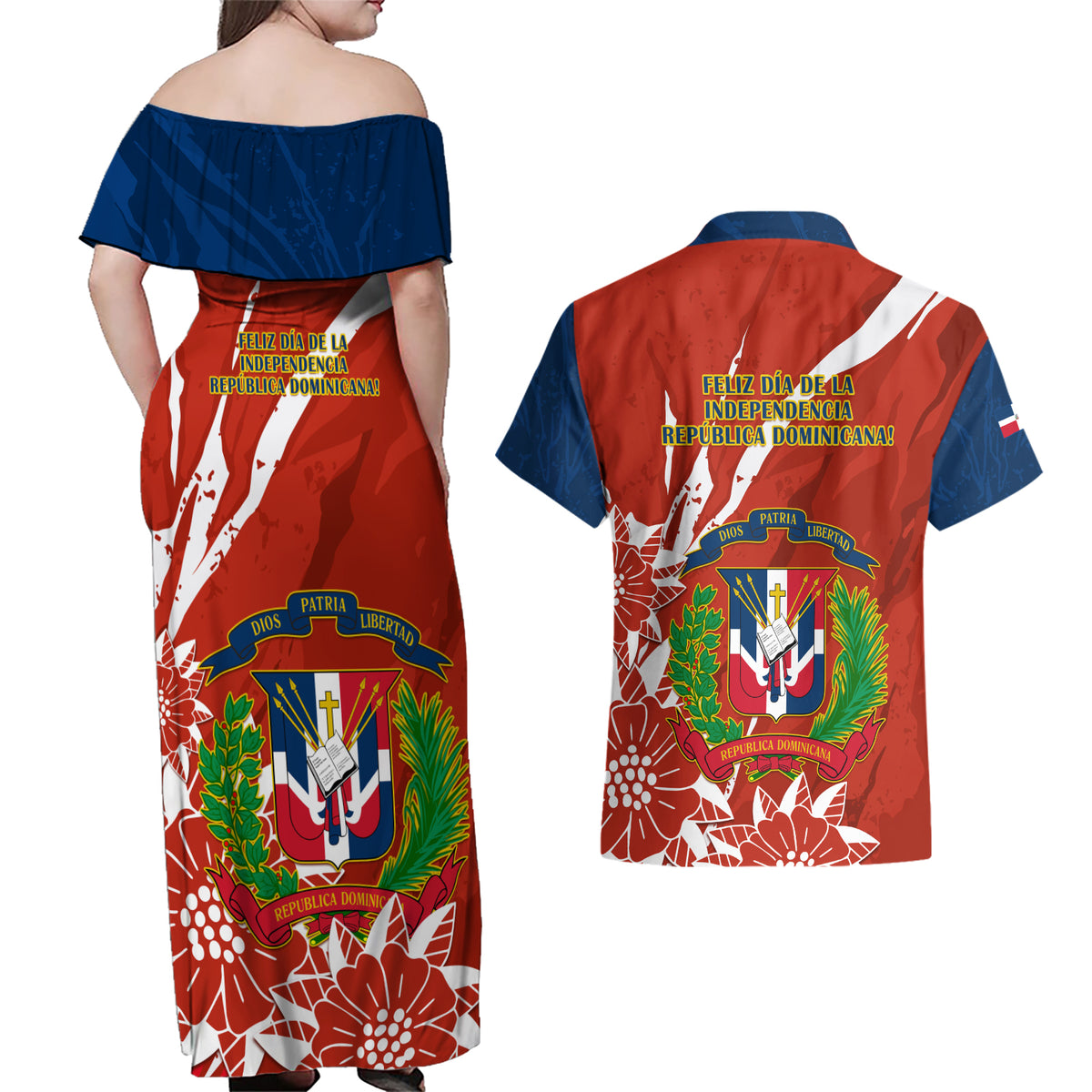 Dominican Republic Independence Day Couples Matching Off Shoulder Maxi Dress and Hawaiian Shirt Coat Of Arms With Bayahibe Rose - Wonder Print Shop