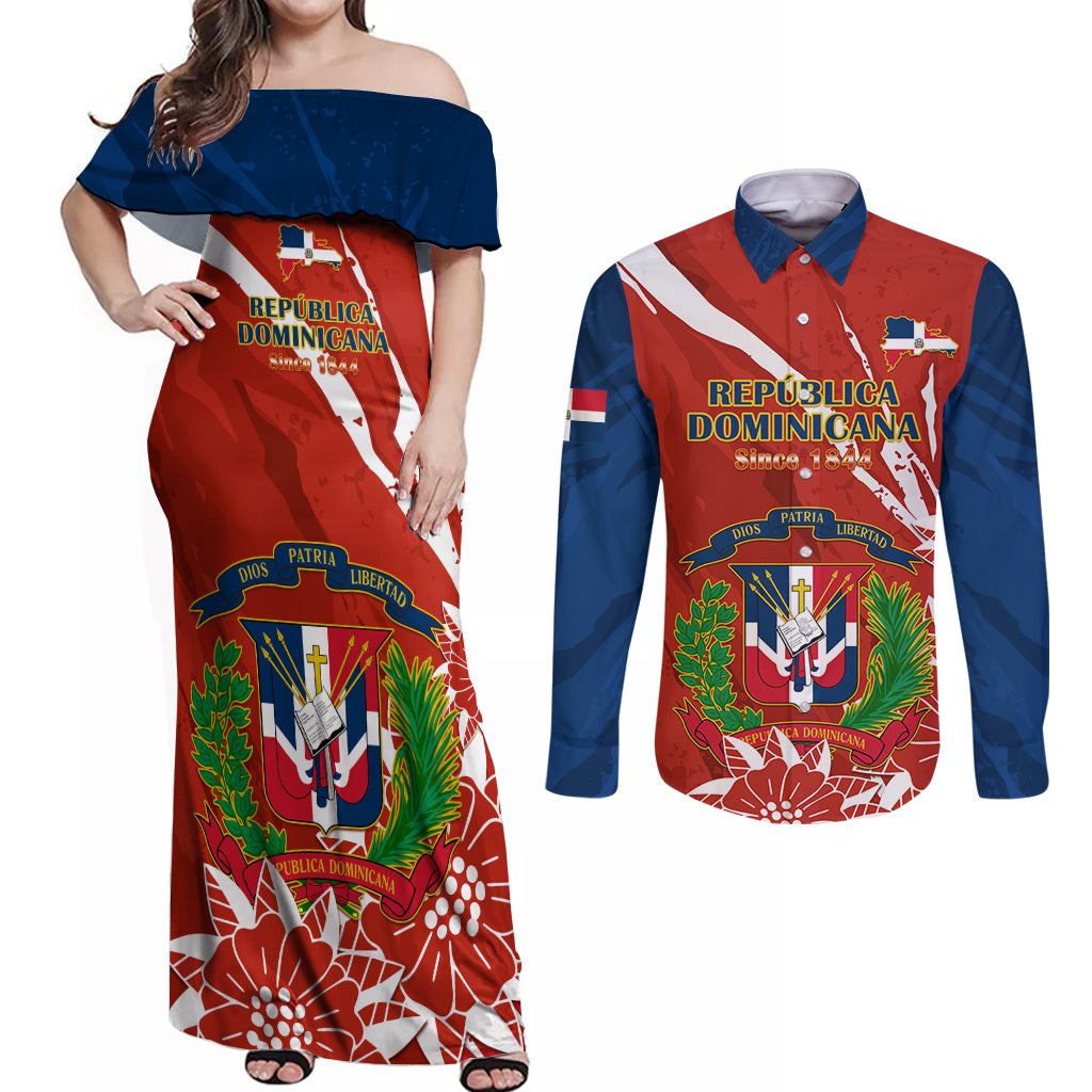 Dominican Republic Independence Day Couples Matching Off Shoulder Maxi Dress and Long Sleeve Button Shirt Coat Of Arms With Bayahibe Rose