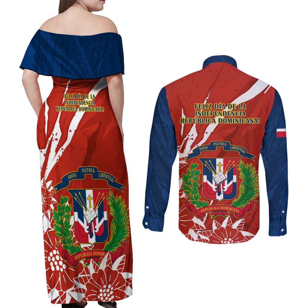 Dominican Republic Independence Day Couples Matching Off Shoulder Maxi Dress and Long Sleeve Button Shirt Coat Of Arms With Bayahibe Rose - Wonder Print Shop