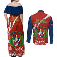 Dominican Republic Independence Day Couples Matching Off Shoulder Maxi Dress and Long Sleeve Button Shirt Coat Of Arms With Bayahibe Rose - Wonder Print Shop