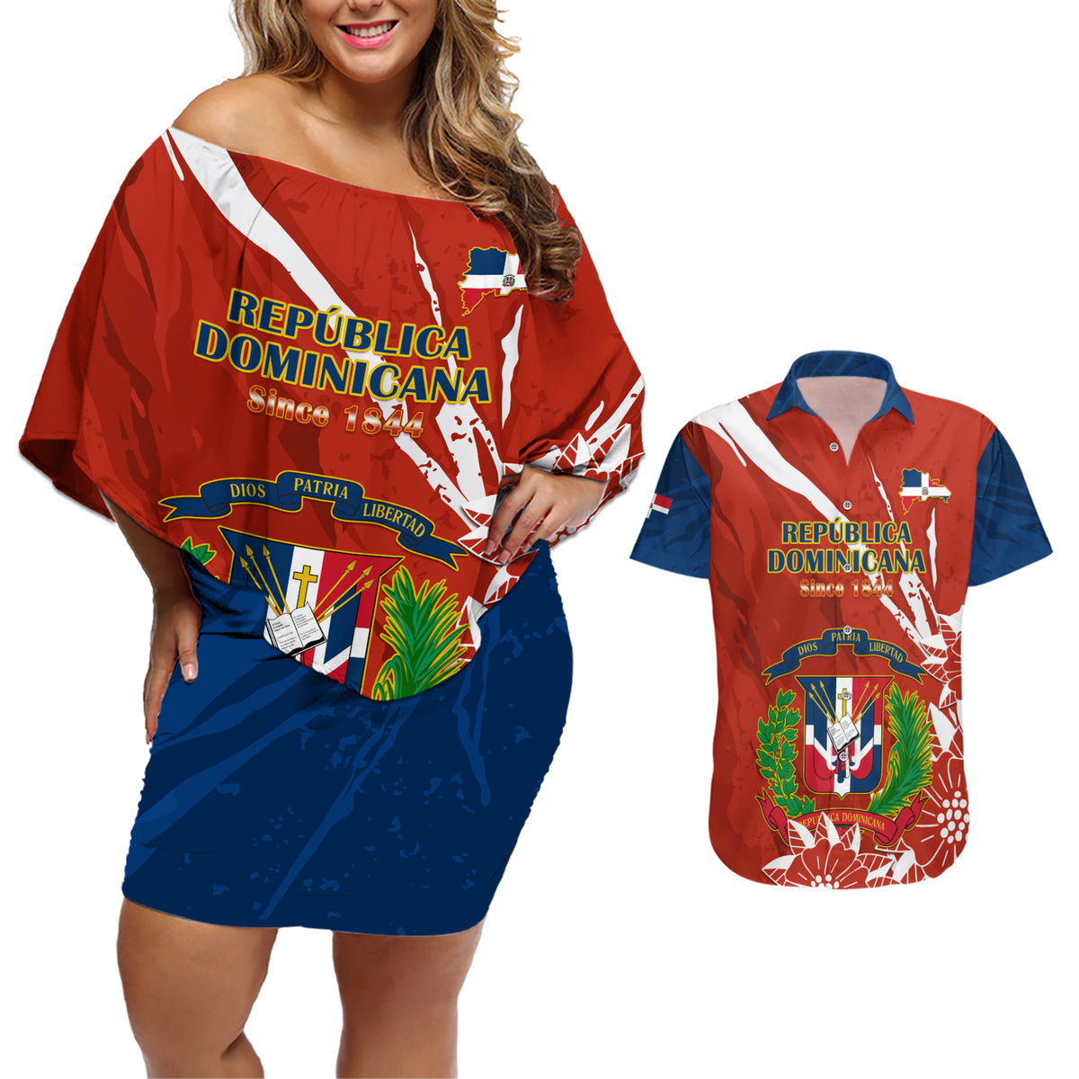 Dominican Republic Independence Day Couples Matching Off Shoulder Short Dress and Hawaiian Shirt Coat Of Arms With Bayahibe Rose - Wonder Print Shop