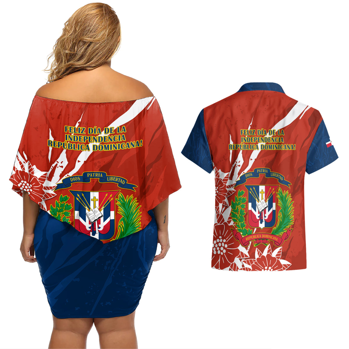Dominican Republic Independence Day Couples Matching Off Shoulder Short Dress and Hawaiian Shirt Coat Of Arms With Bayahibe Rose - Wonder Print Shop