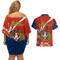 Dominican Republic Independence Day Couples Matching Off Shoulder Short Dress and Hawaiian Shirt Coat Of Arms With Bayahibe Rose - Wonder Print Shop