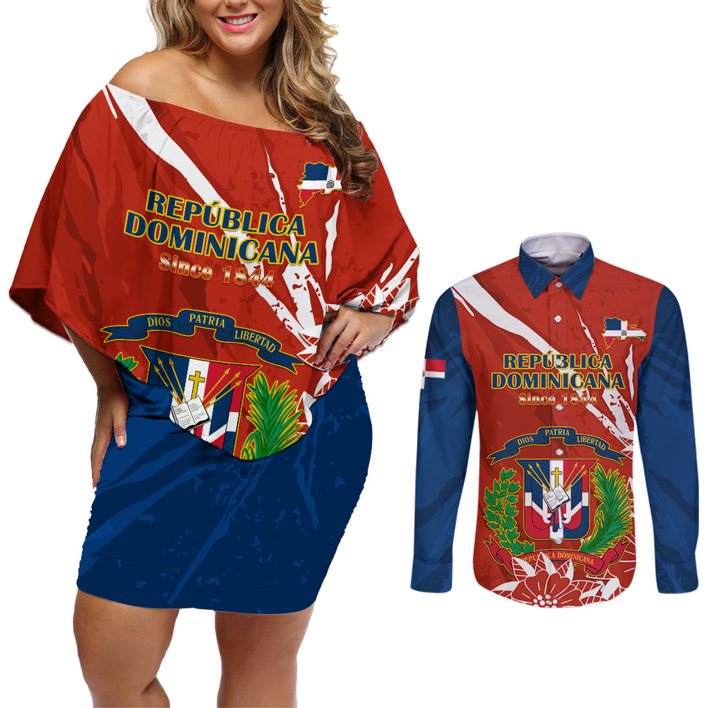 Dominican Republic Independence Day Couples Matching Off Shoulder Short Dress and Long Sleeve Button Shirt Coat Of Arms With Bayahibe Rose - Wonder Print Shop