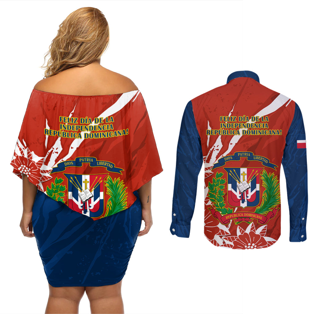 Dominican Republic Independence Day Couples Matching Off Shoulder Short Dress and Long Sleeve Button Shirt Coat Of Arms With Bayahibe Rose - Wonder Print Shop