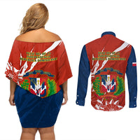 Dominican Republic Independence Day Couples Matching Off Shoulder Short Dress and Long Sleeve Button Shirt Coat Of Arms With Bayahibe Rose - Wonder Print Shop