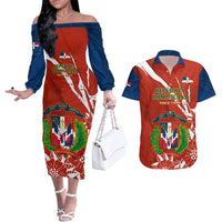 Dominican Republic Independence Day Couples Matching Off The Shoulder Long Sleeve Dress and Hawaiian Shirt Coat Of Arms With Bayahibe Rose - Wonder Print Shop