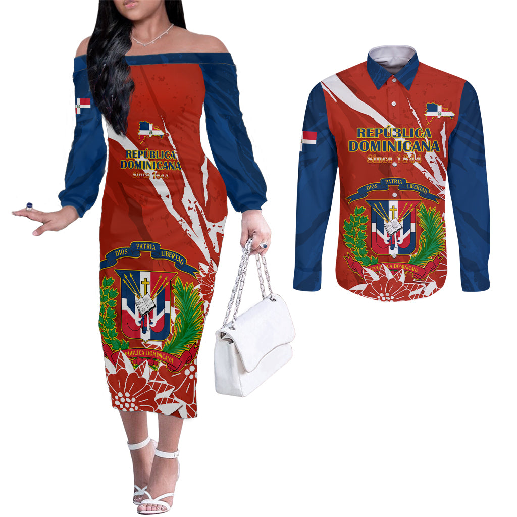 Dominican Republic Independence Day Couples Matching Off The Shoulder Long Sleeve Dress and Long Sleeve Button Shirt Coat Of Arms With Bayahibe Rose