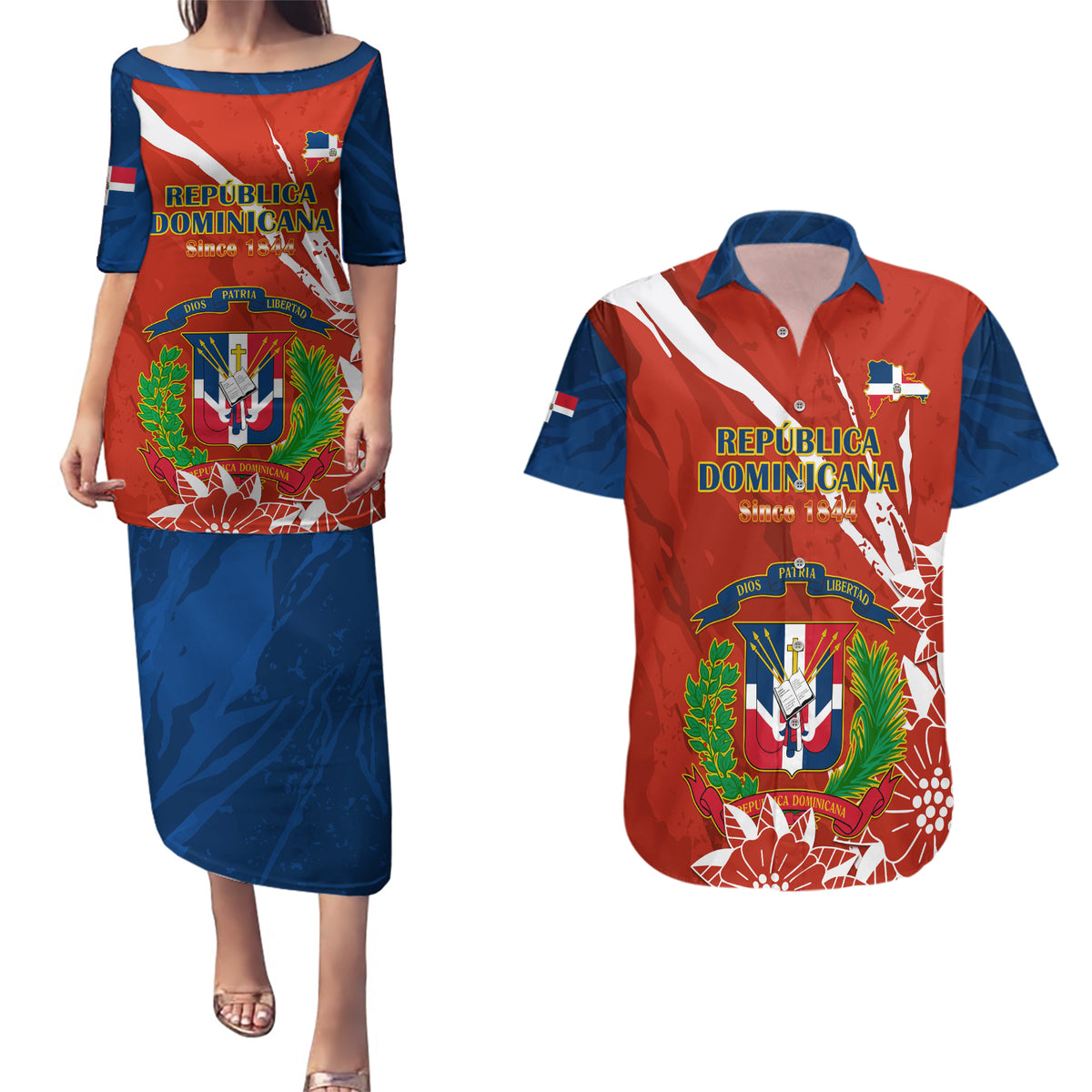 Dominican Republic Independence Day Couples Matching Puletasi and Hawaiian Shirt Coat Of Arms With Bayahibe Rose - Wonder Print Shop
