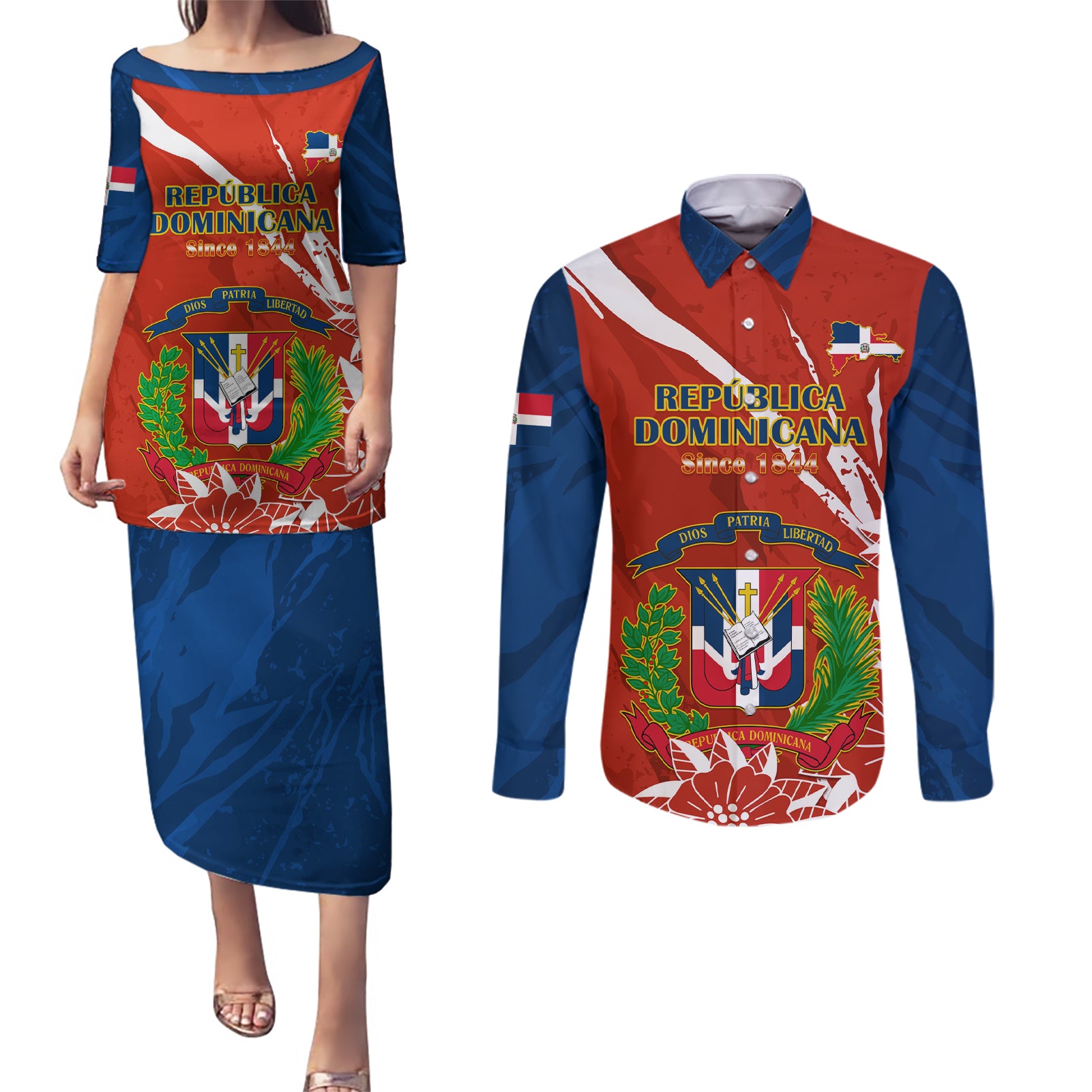 Dominican Republic Independence Day Couples Matching Puletasi and Long Sleeve Button Shirt Coat Of Arms With Bayahibe Rose