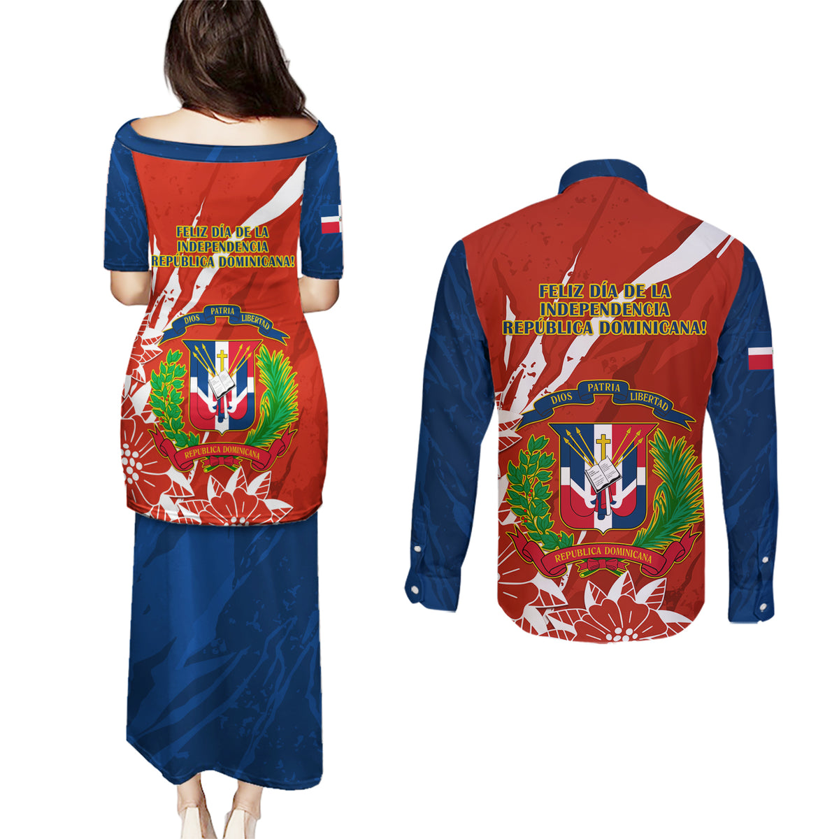 Dominican Republic Independence Day Couples Matching Puletasi and Long Sleeve Button Shirt Coat Of Arms With Bayahibe Rose - Wonder Print Shop
