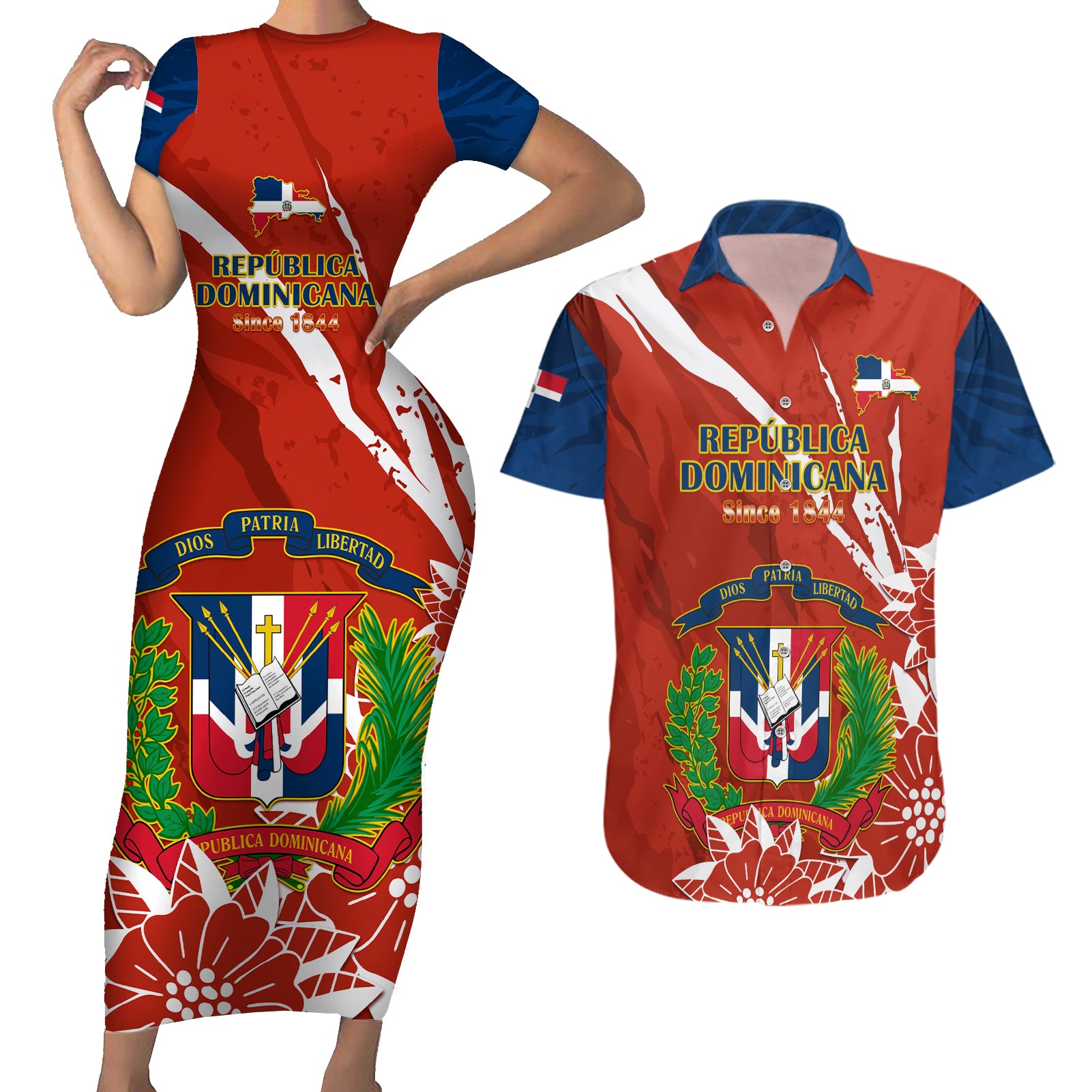 Dominican Republic Independence Day Couples Matching Short Sleeve Bodycon Dress and Hawaiian Shirt Coat Of Arms With Bayahibe Rose