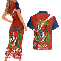 Dominican Republic Independence Day Couples Matching Short Sleeve Bodycon Dress and Hawaiian Shirt Coat Of Arms With Bayahibe Rose - Wonder Print Shop