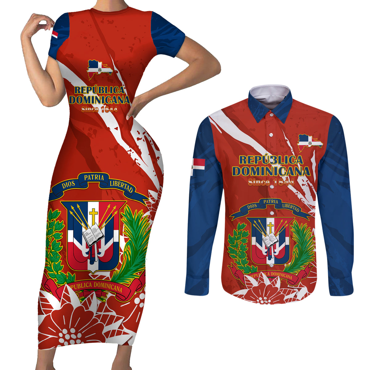 Dominican Republic Independence Day Couples Matching Short Sleeve Bodycon Dress and Long Sleeve Button Shirt Coat Of Arms With Bayahibe Rose - Wonder Print Shop