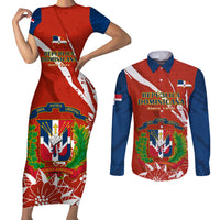 Dominican Republic Independence Day Couples Matching Short Sleeve Bodycon Dress and Long Sleeve Button Shirt Coat Of Arms With Bayahibe Rose - Wonder Print Shop