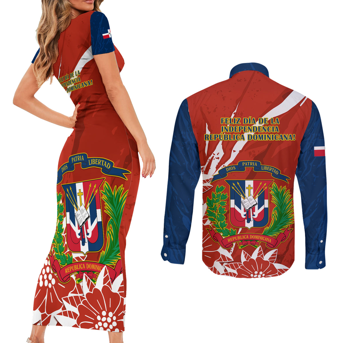 Dominican Republic Independence Day Couples Matching Short Sleeve Bodycon Dress and Long Sleeve Button Shirt Coat Of Arms With Bayahibe Rose - Wonder Print Shop