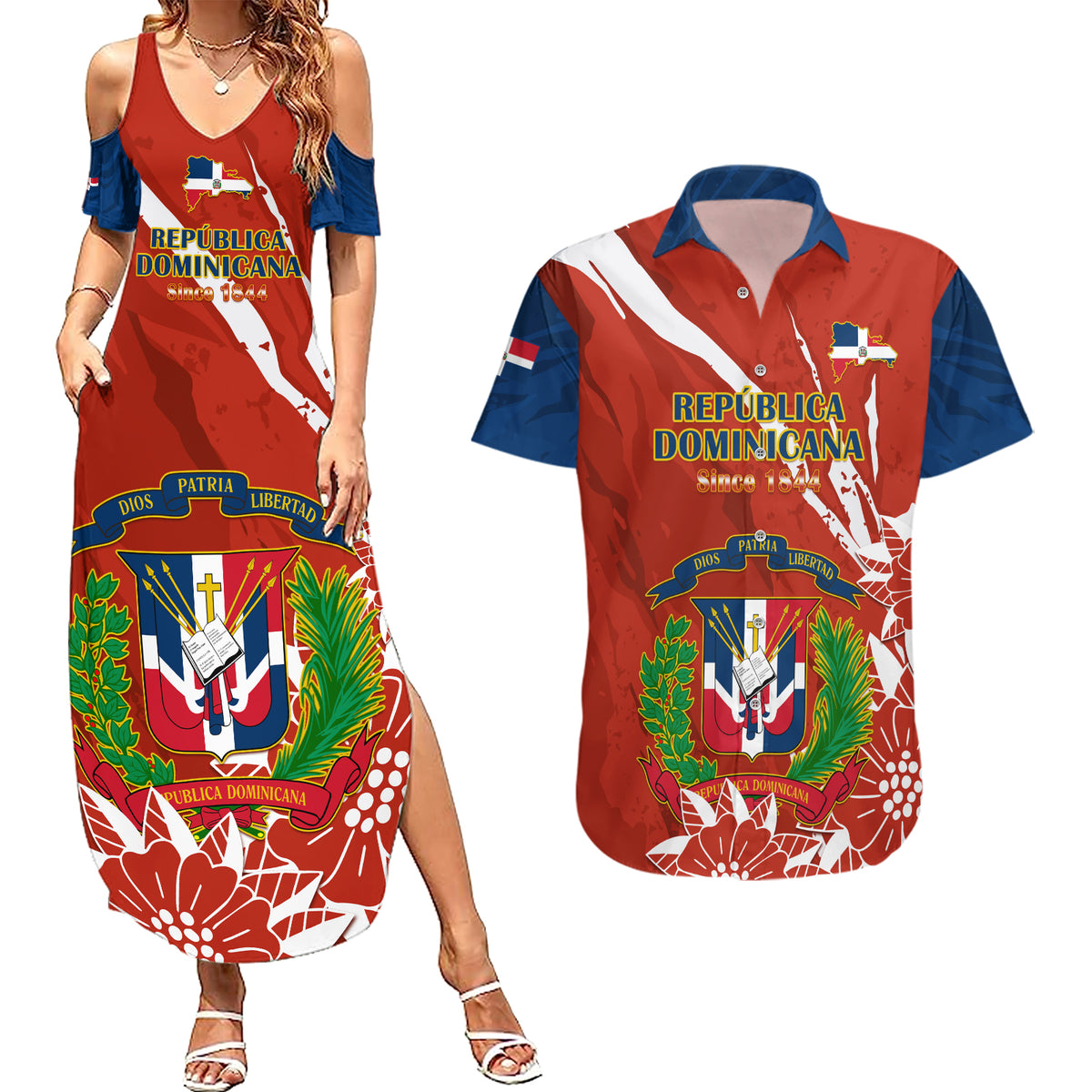 Dominican Republic Independence Day Couples Matching Summer Maxi Dress and Hawaiian Shirt Coat Of Arms With Bayahibe Rose - Wonder Print Shop