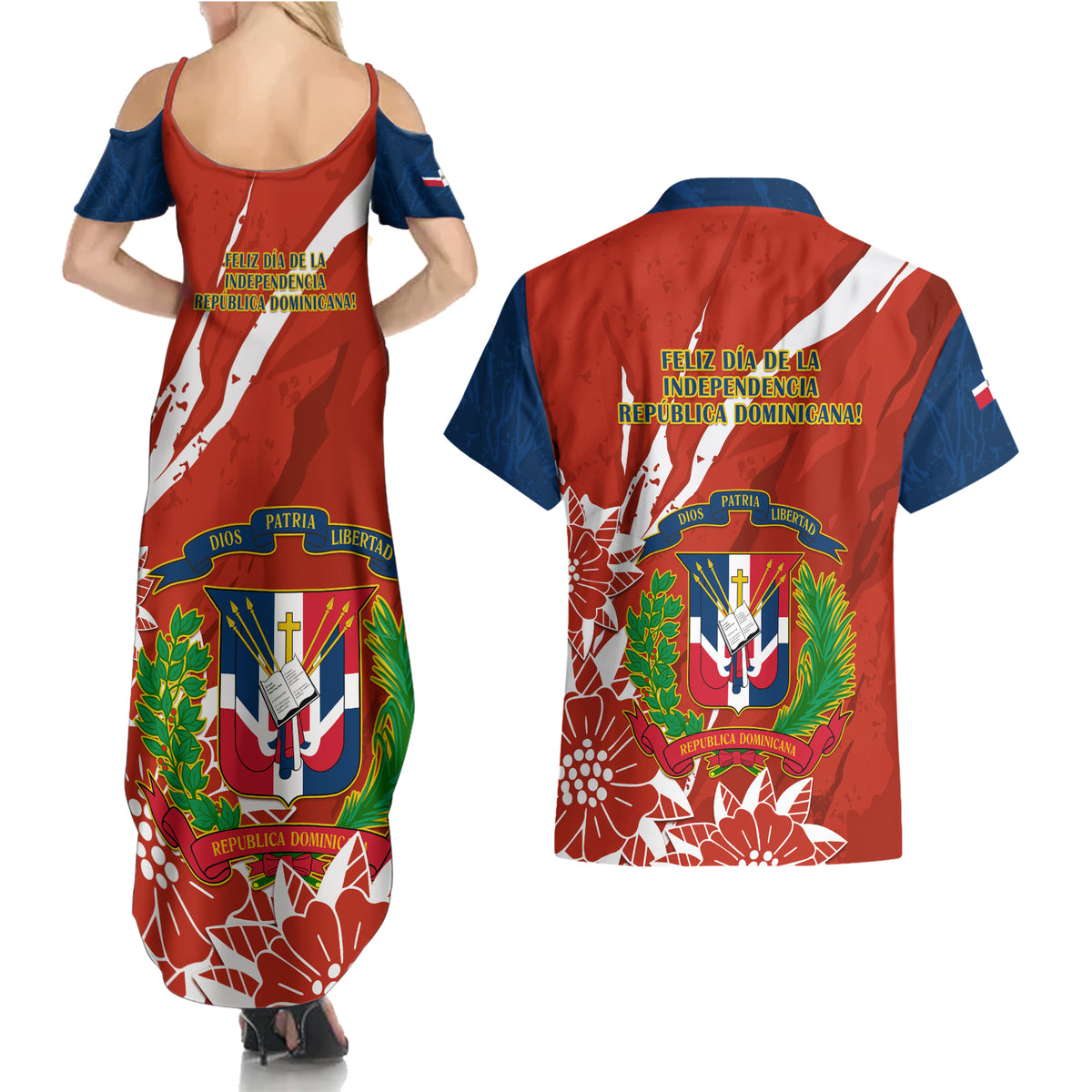 Dominican Republic Independence Day Couples Matching Summer Maxi Dress and Hawaiian Shirt Coat Of Arms With Bayahibe Rose - Wonder Print Shop