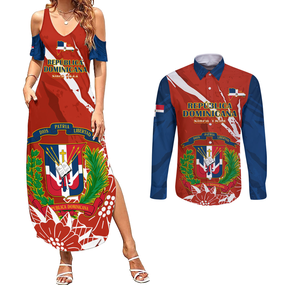 Dominican Republic Independence Day Couples Matching Summer Maxi Dress and Long Sleeve Button Shirt Coat Of Arms With Bayahibe Rose