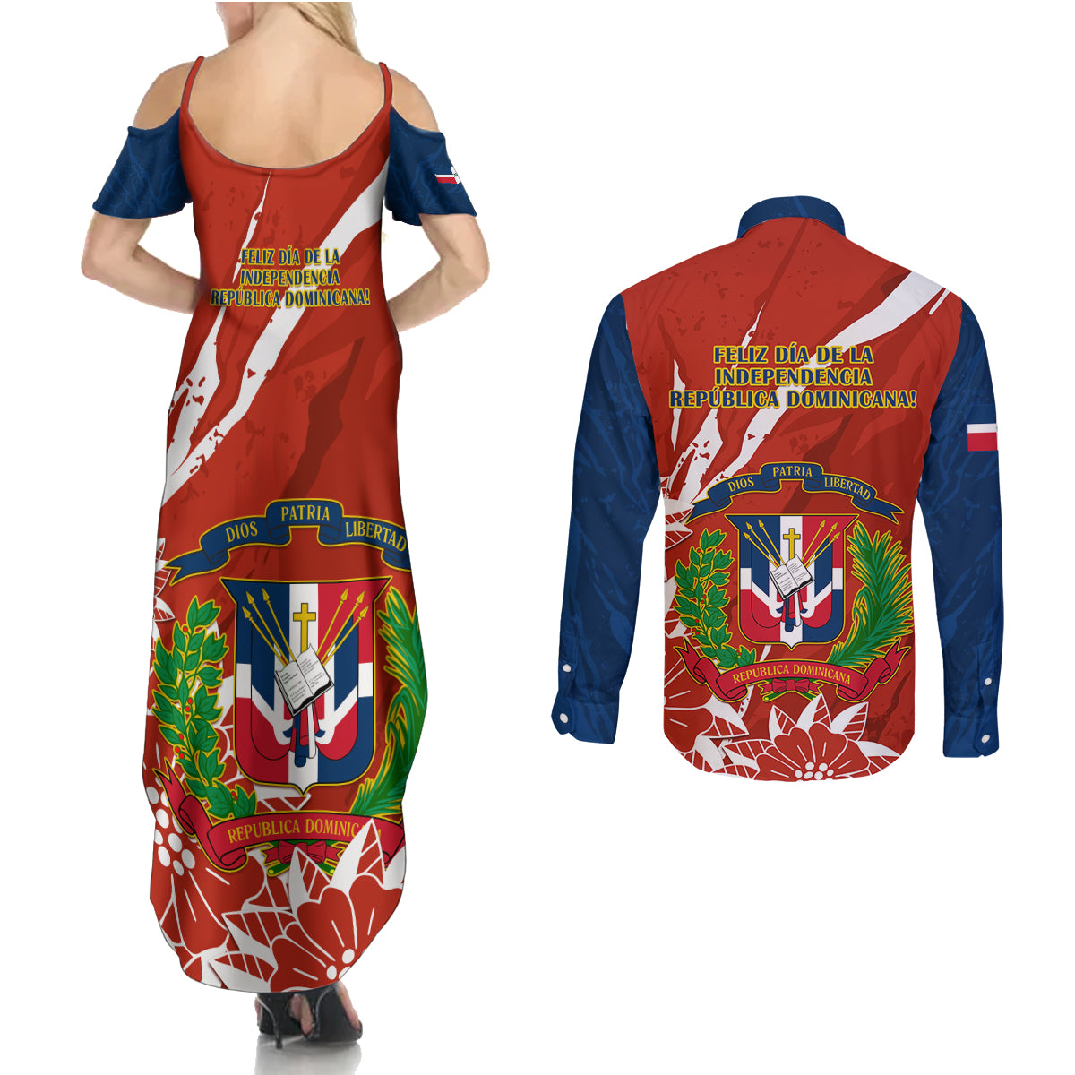 Dominican Republic Independence Day Couples Matching Summer Maxi Dress and Long Sleeve Button Shirt Coat Of Arms With Bayahibe Rose - Wonder Print Shop