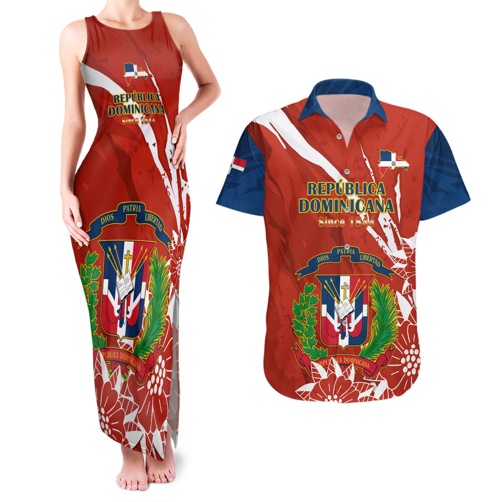 Dominican Republic Independence Day Couples Matching Tank Maxi Dress and Hawaiian Shirt Coat Of Arms With Bayahibe Rose