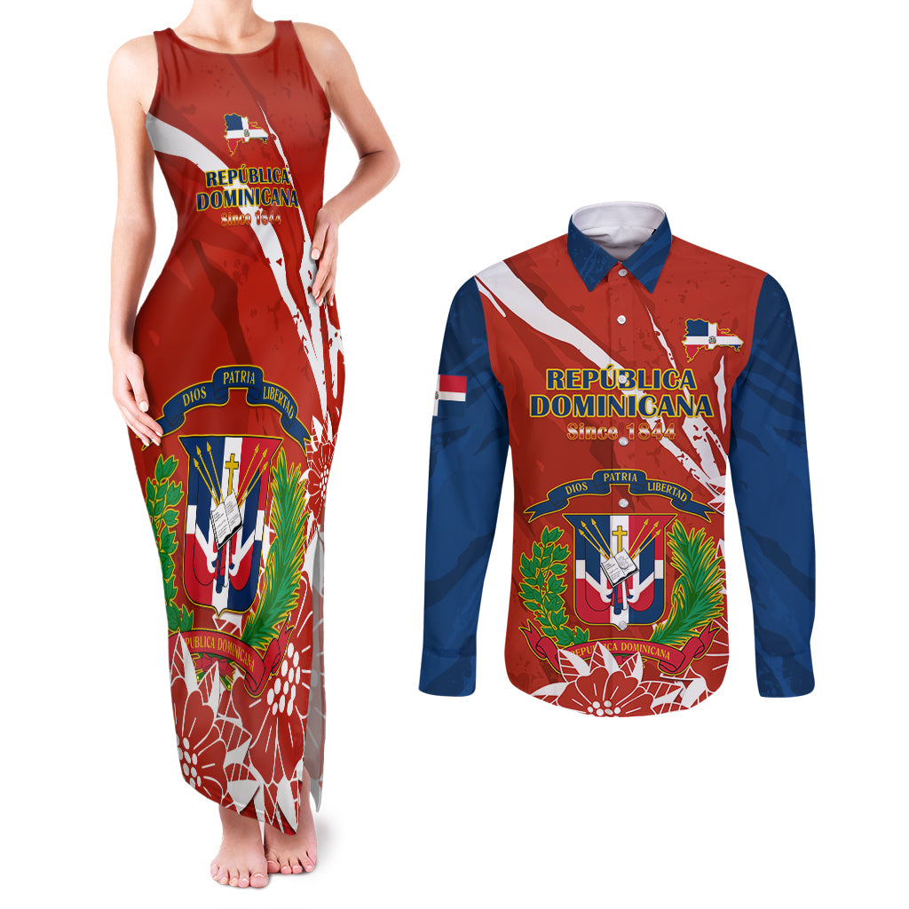 Dominican Republic Independence Day Couples Matching Tank Maxi Dress and Long Sleeve Button Shirt Coat Of Arms With Bayahibe Rose