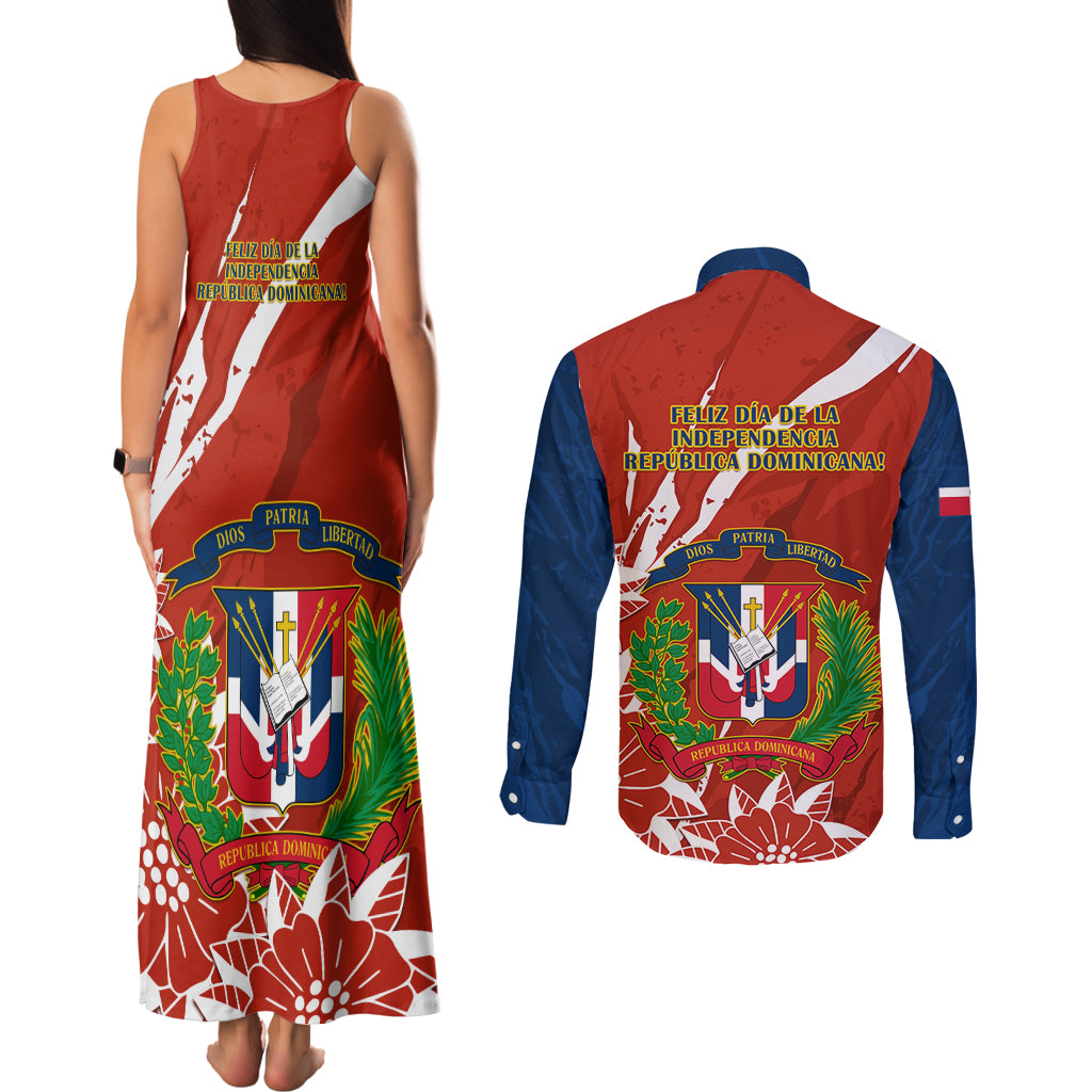 Dominican Republic Independence Day Couples Matching Tank Maxi Dress and Long Sleeve Button Shirt Coat Of Arms With Bayahibe Rose - Wonder Print Shop
