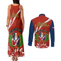 Dominican Republic Independence Day Couples Matching Tank Maxi Dress and Long Sleeve Button Shirt Coat Of Arms With Bayahibe Rose - Wonder Print Shop