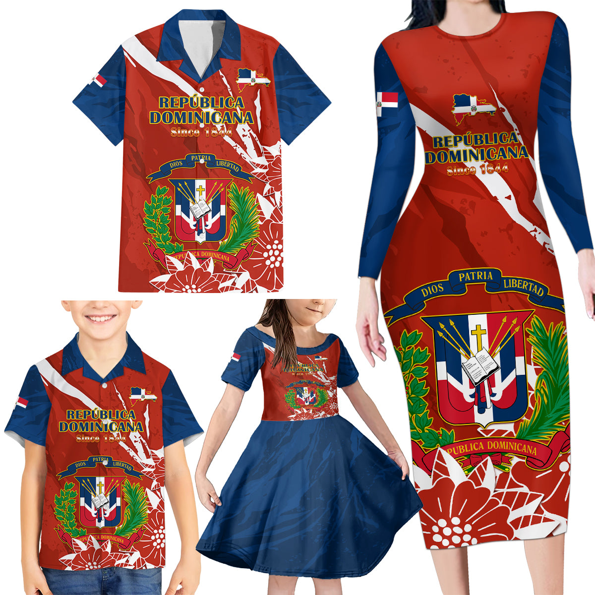 Dominican Republic Independence Day Family Matching Long Sleeve Bodycon Dress and Hawaiian Shirt Coat Of Arms With Bayahibe Rose - Wonder Print Shop