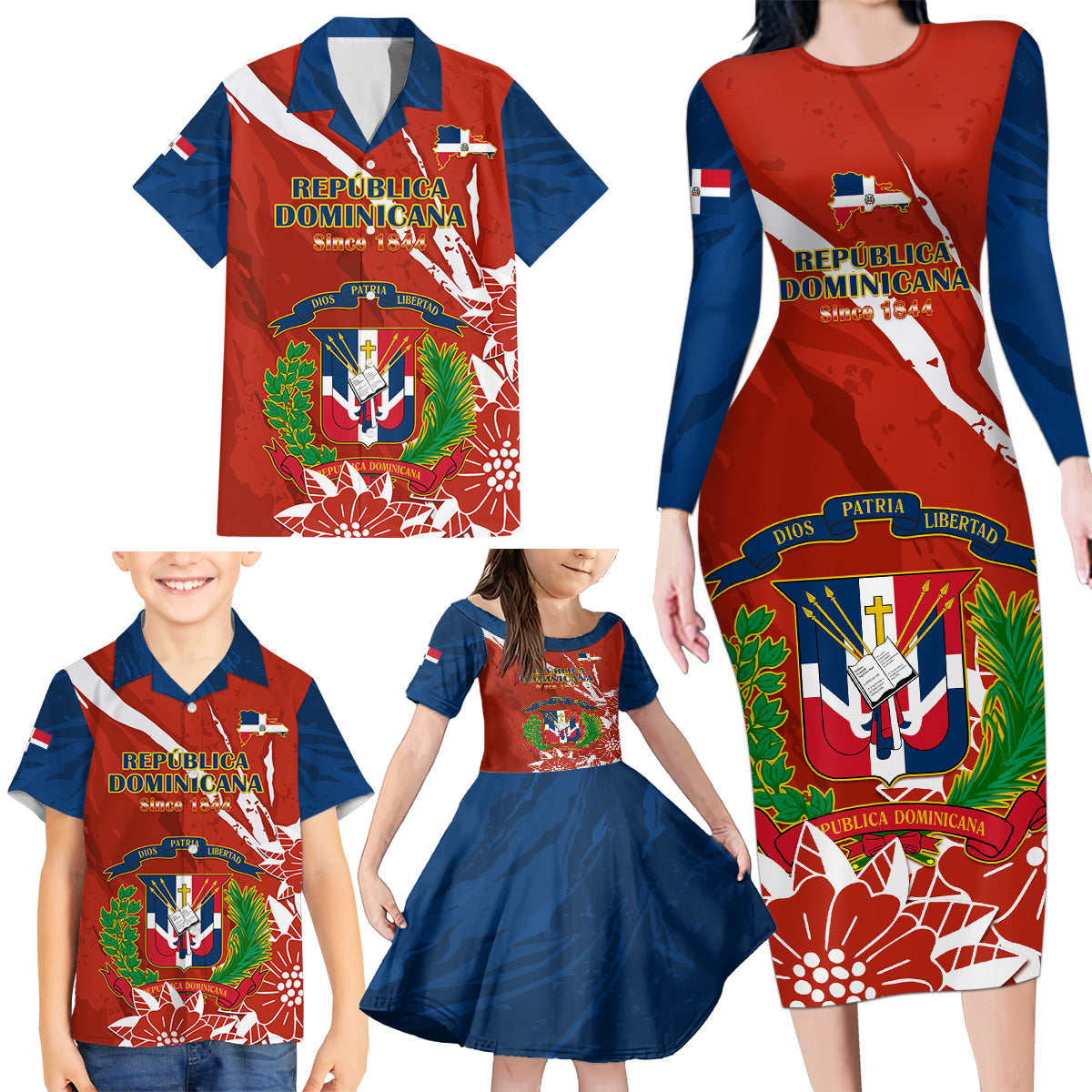 Dominican Republic Independence Day Family Matching Long Sleeve Bodycon Dress and Hawaiian Shirt Coat Of Arms With Bayahibe Rose