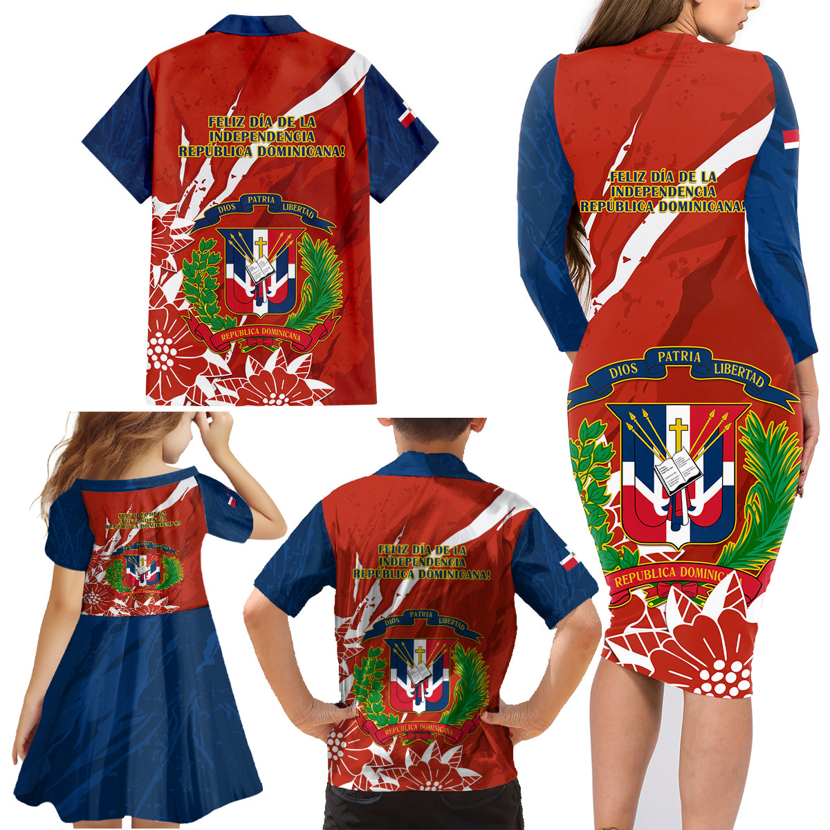 Dominican Republic Independence Day Family Matching Long Sleeve Bodycon Dress and Hawaiian Shirt Coat Of Arms With Bayahibe Rose - Wonder Print Shop