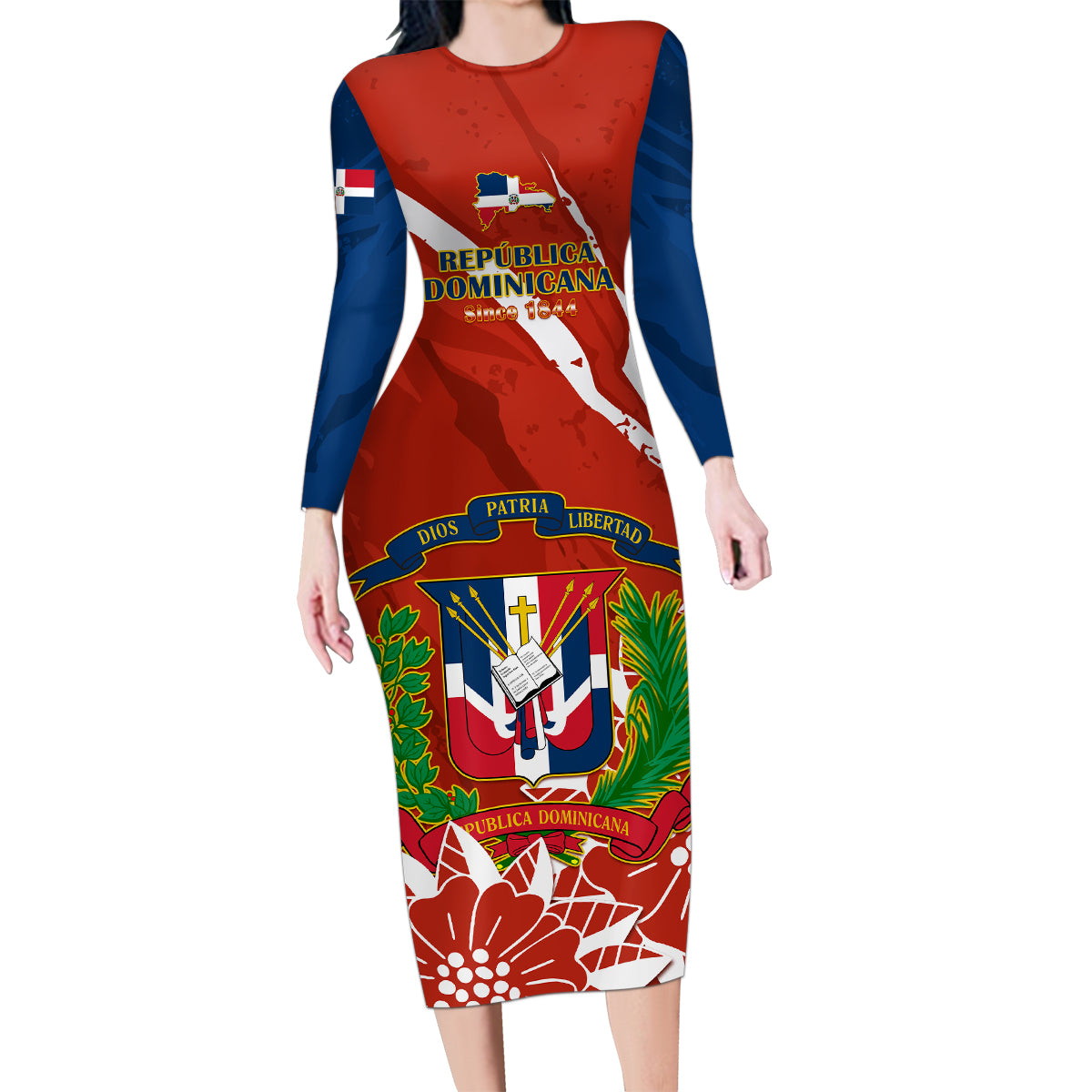 Dominican Republic Independence Day Family Matching Long Sleeve Bodycon Dress and Hawaiian Shirt Coat Of Arms With Bayahibe Rose - Wonder Print Shop