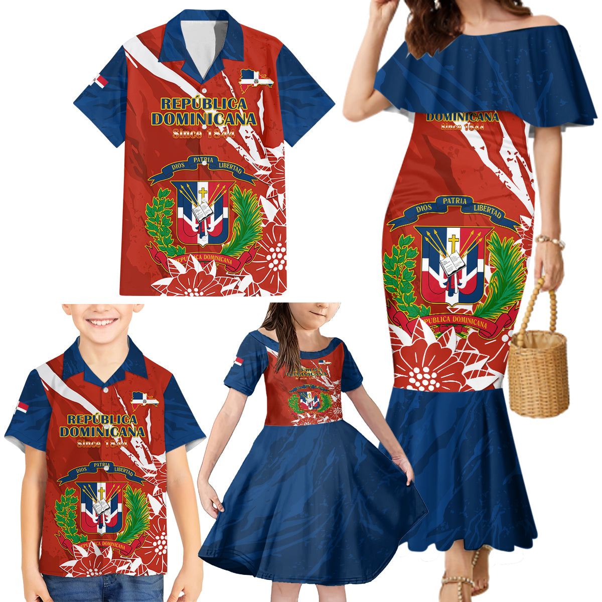 Dominican Republic Independence Day Family Matching Mermaid Dress and Hawaiian Shirt Coat Of Arms With Bayahibe Rose - Wonder Print Shop