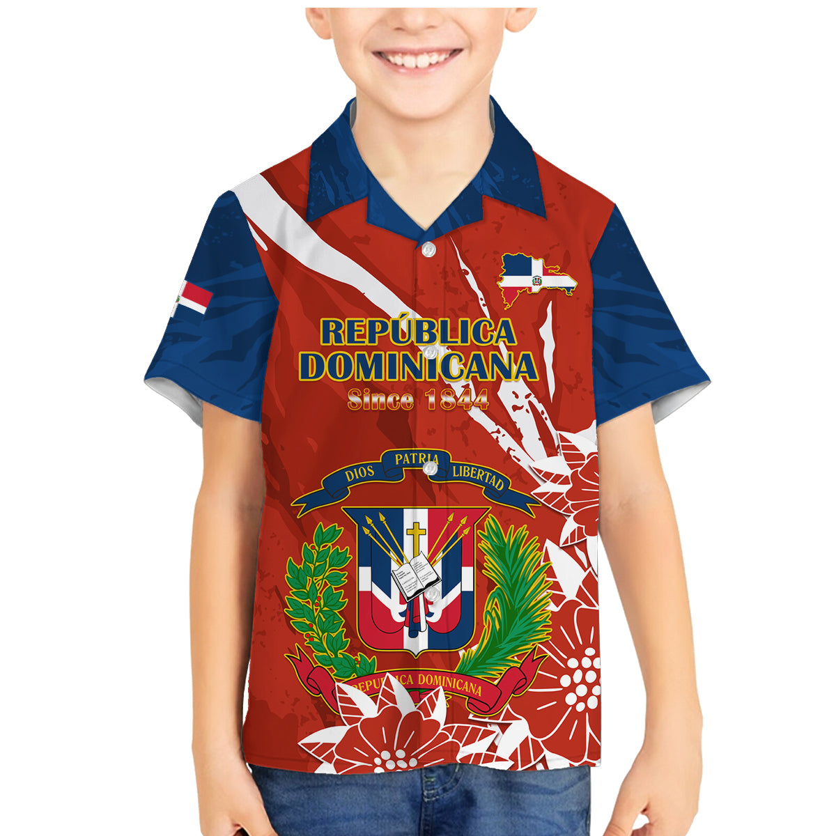 Dominican Republic Independence Day Family Matching Mermaid Dress and Hawaiian Shirt Coat Of Arms With Bayahibe Rose - Wonder Print Shop