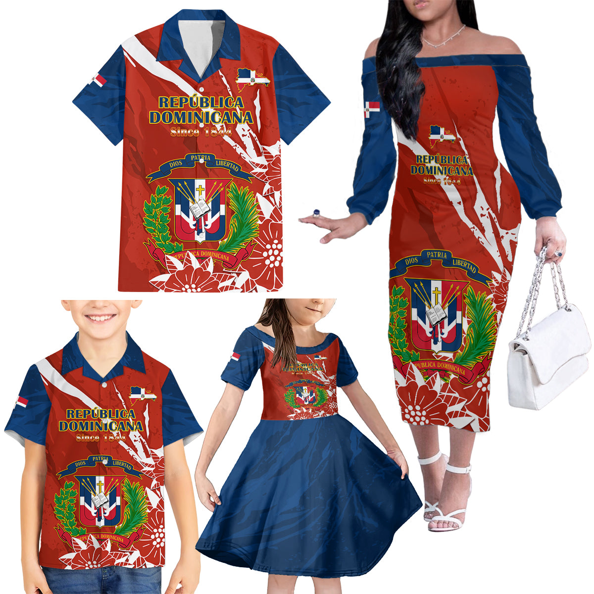 Dominican Republic Independence Day Family Matching Off Shoulder Long Sleeve Dress and Hawaiian Shirt Coat Of Arms With Bayahibe Rose - Wonder Print Shop