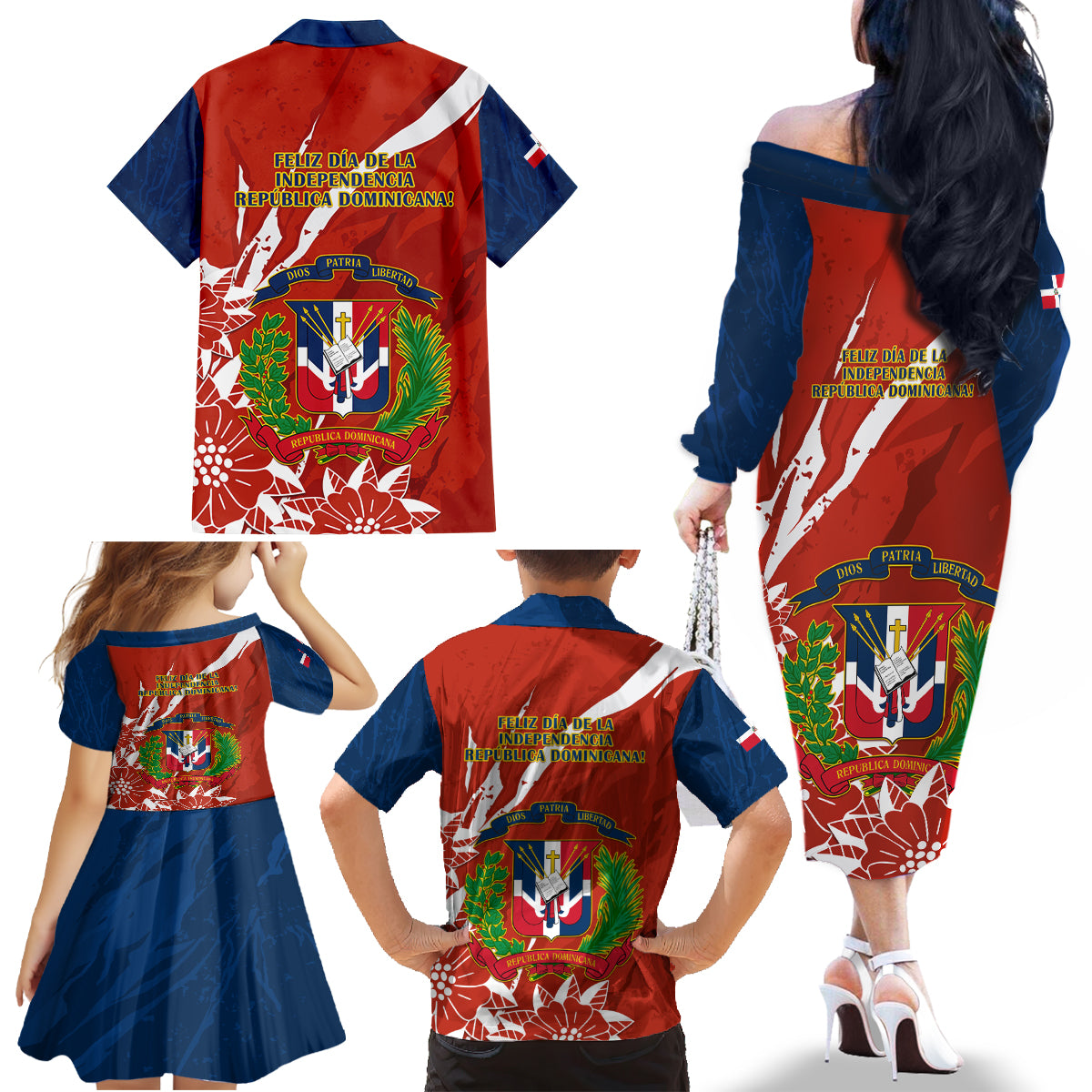 Dominican Republic Independence Day Family Matching Off Shoulder Long Sleeve Dress and Hawaiian Shirt Coat Of Arms With Bayahibe Rose - Wonder Print Shop