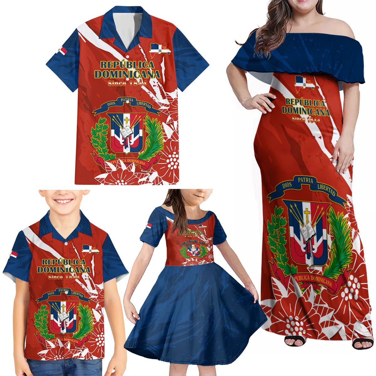 Dominican Republic Independence Day Family Matching Off Shoulder Maxi Dress and Hawaiian Shirt Coat Of Arms With Bayahibe Rose